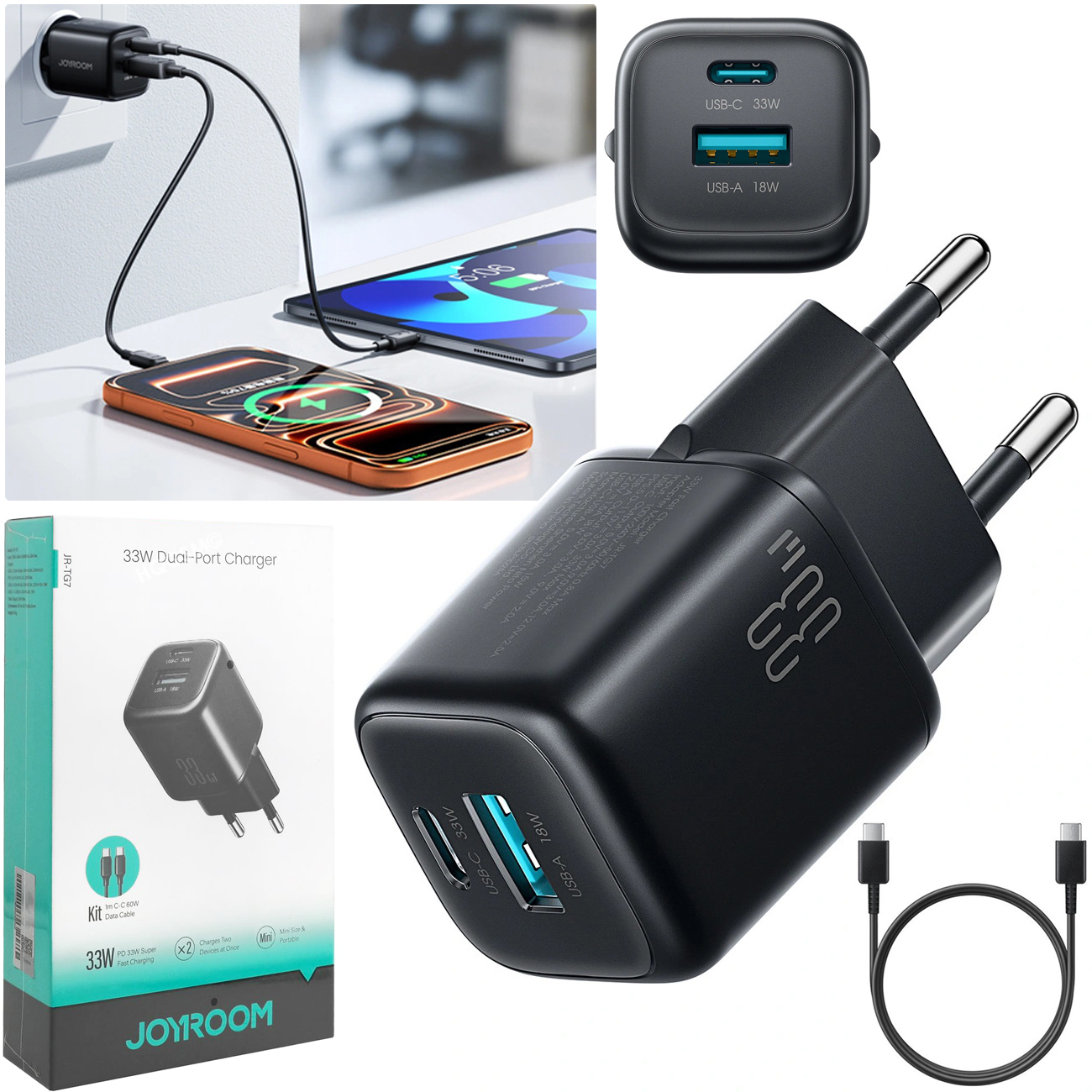 Joyroom | Ładowarka Sieciowa Dual Port USB-C USB+A + Kabel USB-C | 33W