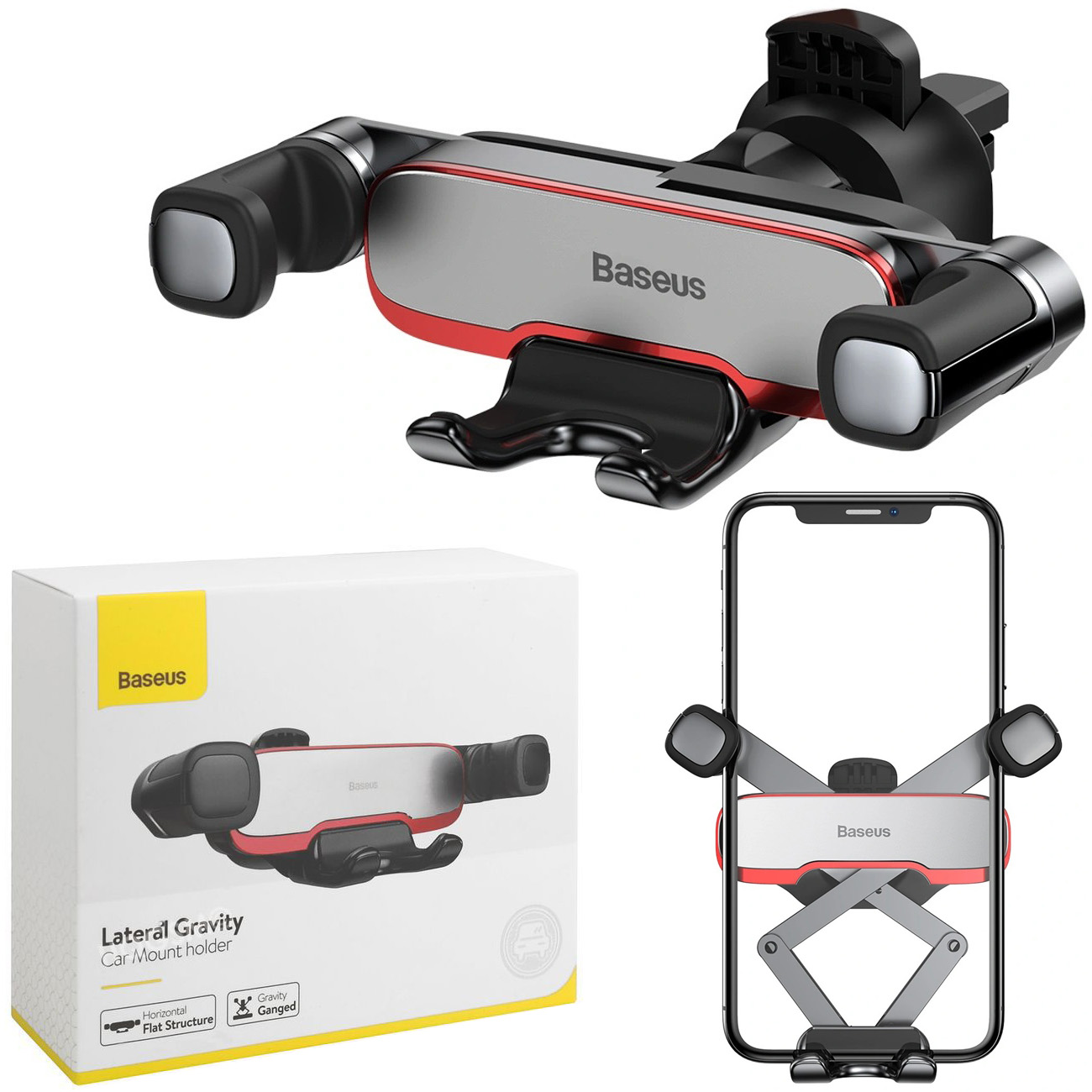 Baseus Gravity | Grawitacyjny Uchwyt Samochodowy do Kratki Nawiewu | Srebrny & Czerwony
