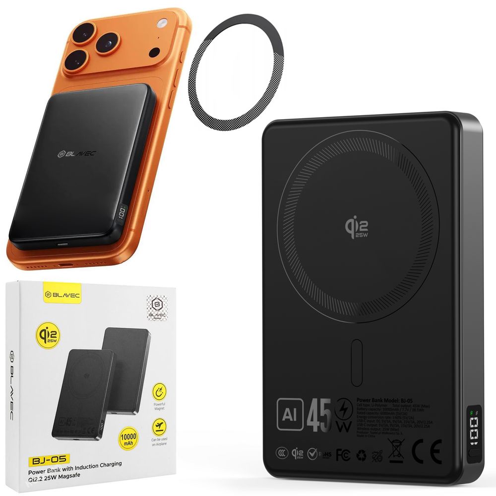 Blavec BJ-05 | Magnetyczny Powerbank Qi2 25W + USB-C 45W | 10000mAh | Czarny