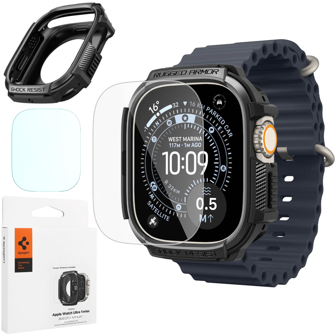 SPIGEN SET: ETUI Rugged Armor | Black + SZKŁO do Apple Watch Ultra 3/2/1