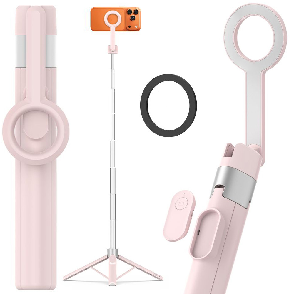 Magnetyczny Selfie Stick Bluetooth 2w1 | Statyw Tripod + Pilot | 150cm + Blaszka | Pink