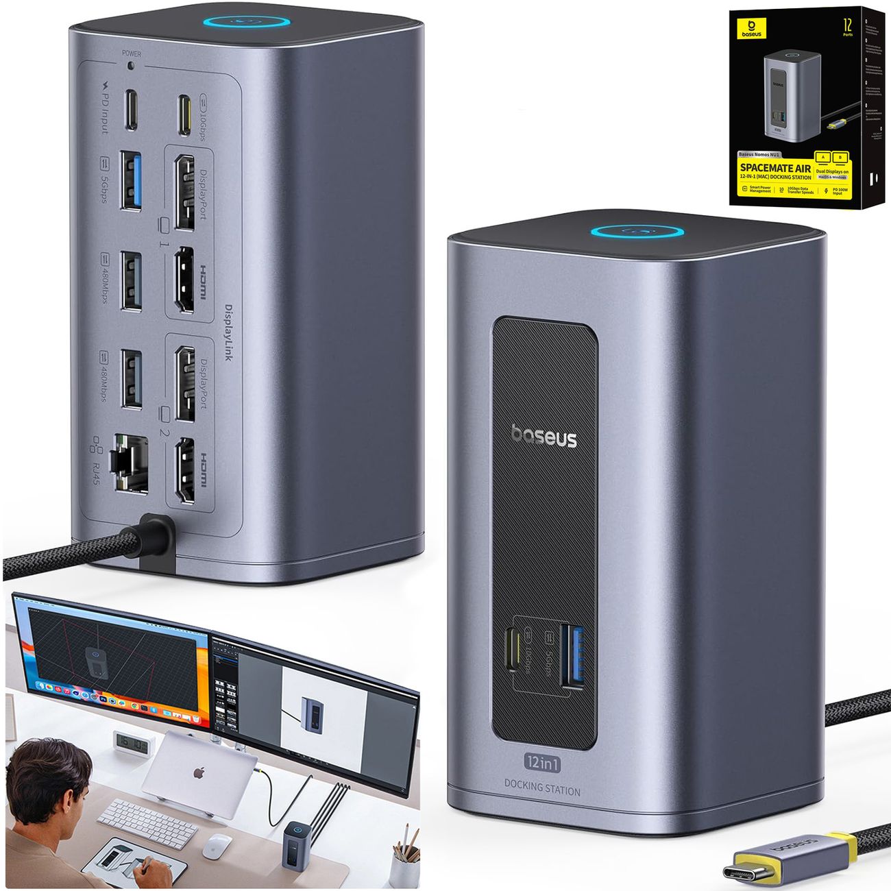 Baseus NOMOS NU1 | Stacja Dokująca USB-C 12w1 | Hub HDMI DisplayPort Ethernet | 100W 2K/60Hz 10Gb/s