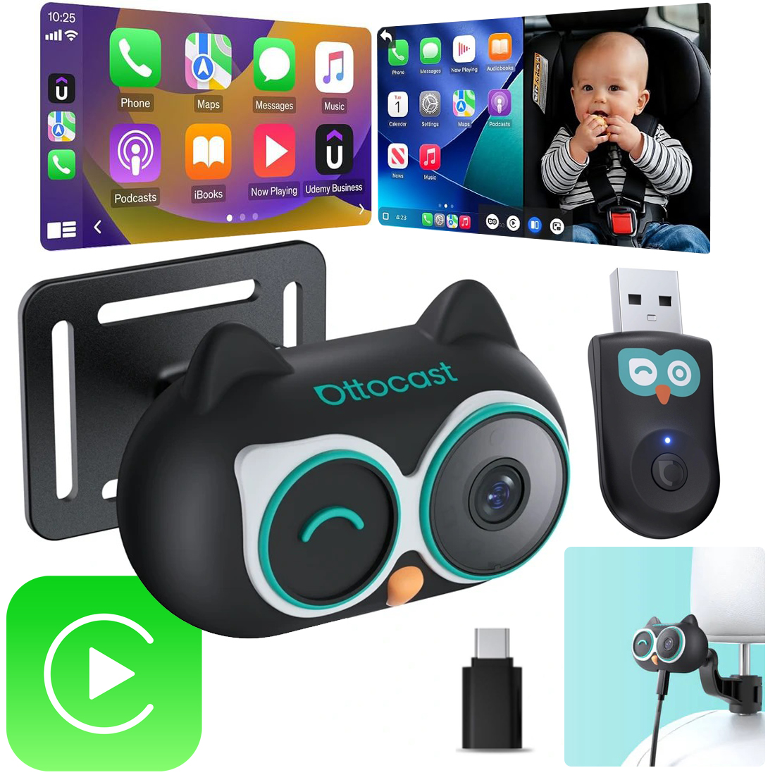 Ottocast Cabin Care | Bezprzewodowy Adapter do Samochodu z Apple CarPlay z Nianią Samochodową