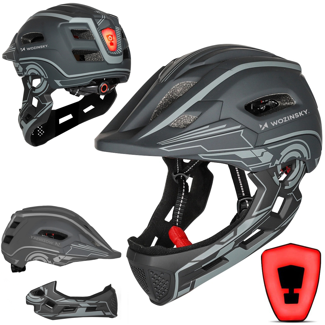 Kask Rowerowy Full Face z Odpinaną Szczęką i Tylną Lampką LED | dla Dziecka M 52-56cm | Szary