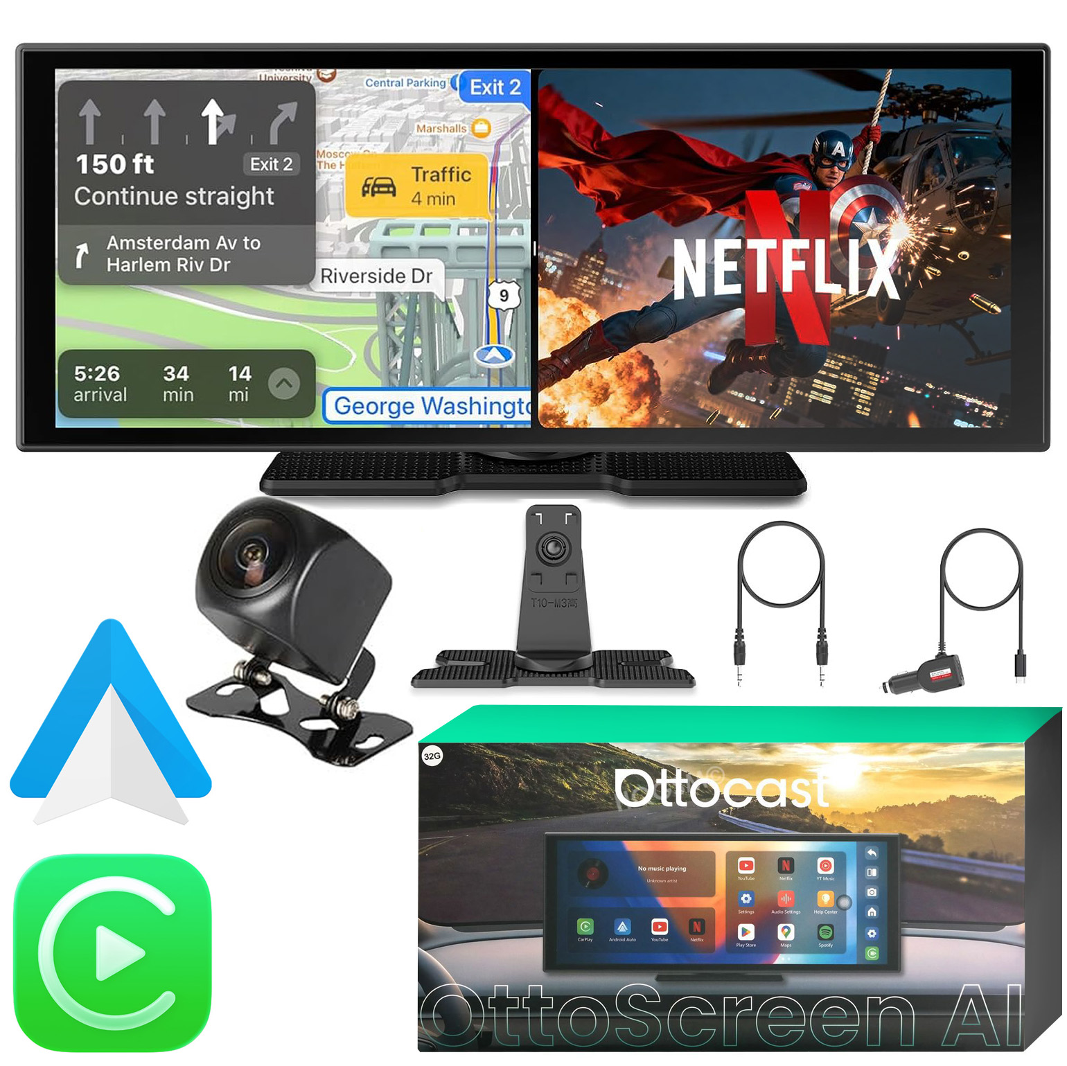 Ottocast Ottoscreen AI | Inteligentny Ekran do Samochodu z Apple CarPlay i Android Auto + Kamera Cofania