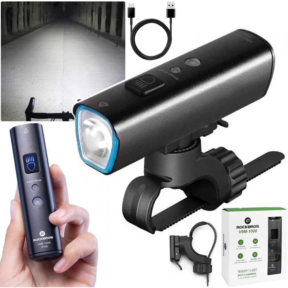 RockBros V9M-100 | Mocna Inteligentna Lampka Rowerowa Przednia | 1000lm IPX6 USB-C | na Kierownicę