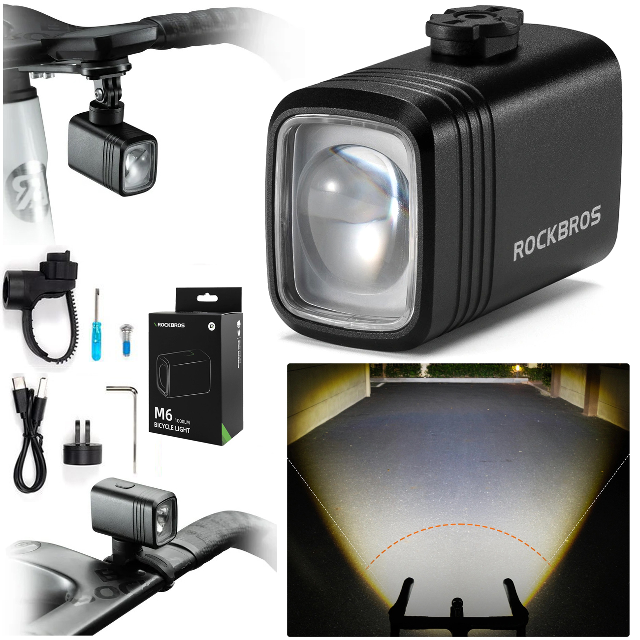 RockBros M6 | Inteligentna Lampka Rowerowa Przednia | 1000lm IPX6 USB-C | na Kierownicę lub GoPro