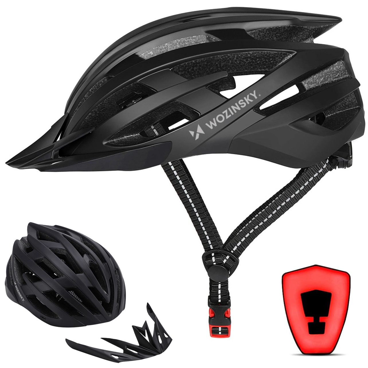 Kask Rowerowy z Odpinanym Daszkiem i Tylną Lampką LED | L 54-57cm | Czarny