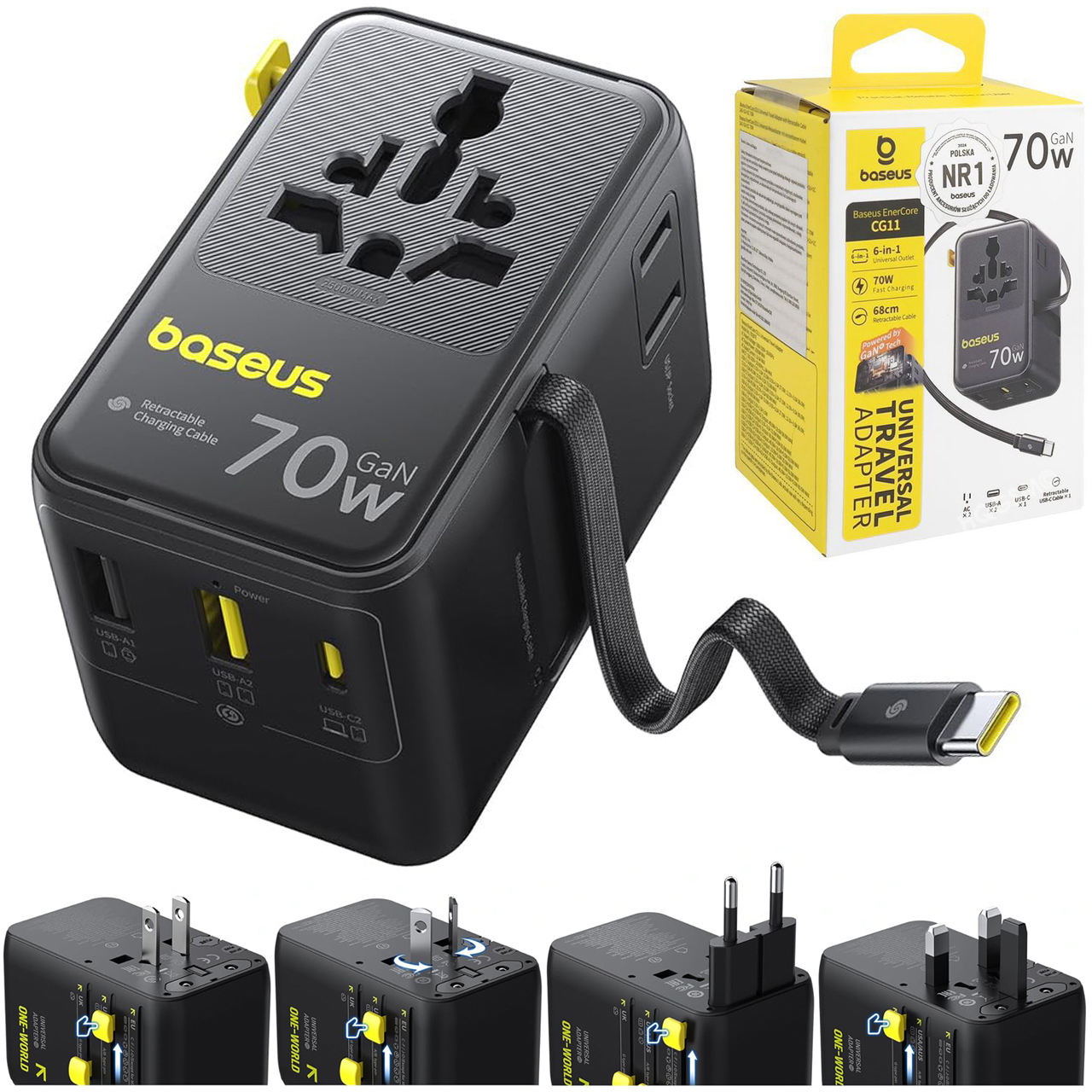 Baseus CG11 | Adapter Gniazdka Podróżny EU US UK AUS | Ładowarka 6w1 USB-C USB-A 70W