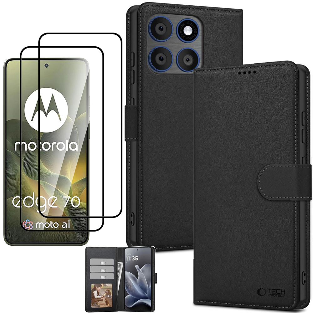 Etui z Klapką Wallet Case | Czarne + 2x SZKŁO 5G do Motorola Edge 70