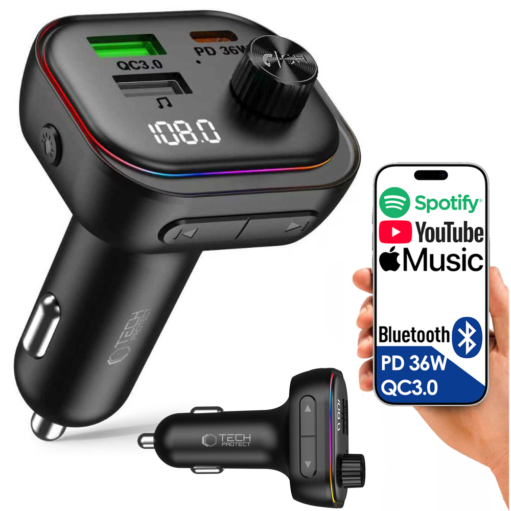 Tech Protect CC07 | Transmiter FM Bluetooth + Ładowarka USB-C USB-A 36W 18W | z Wyświetlaczem