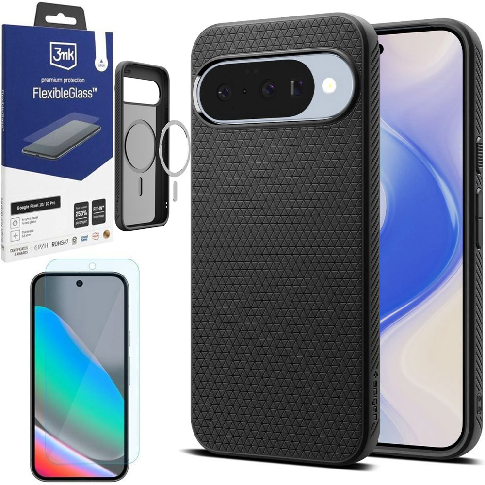 Etui SPIGEN Liquid Air PixelSnap | Matte Black + SZKŁO 3mk Flexible Glass do Google Pixel 10 / 10 Pro