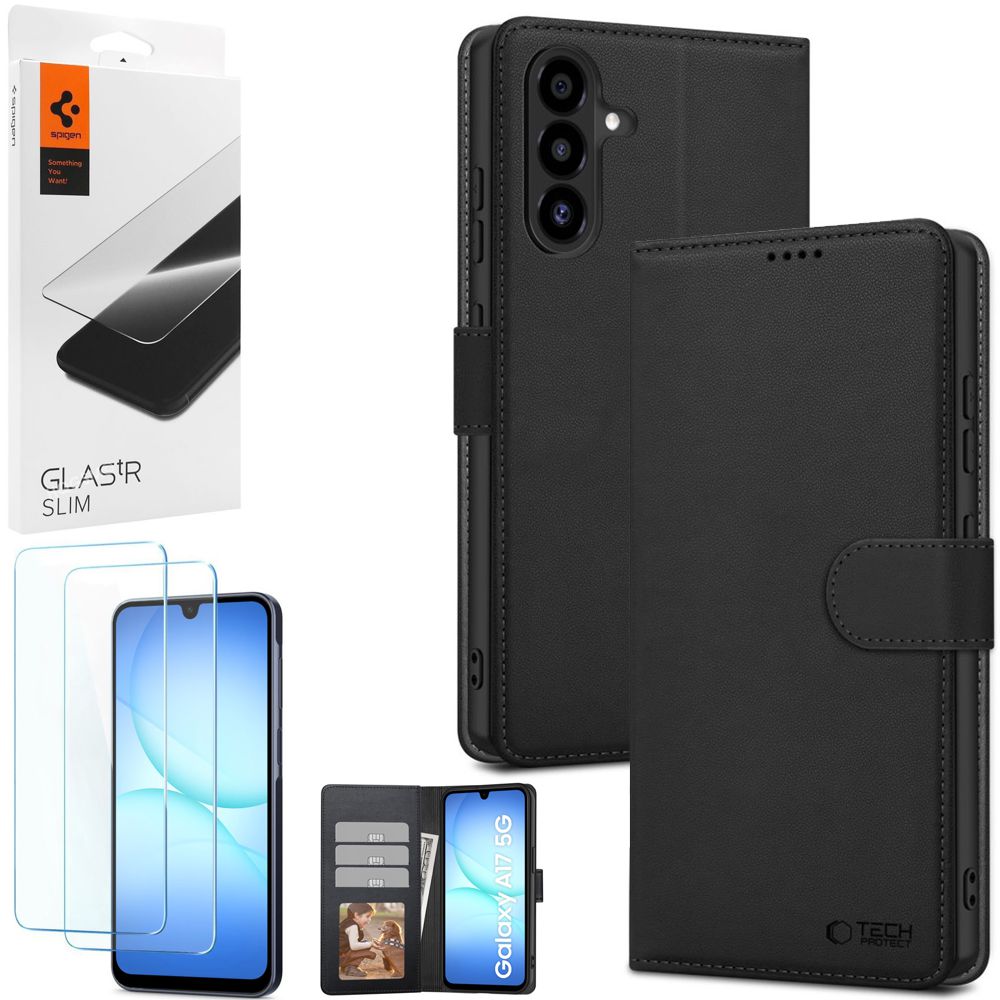 Etui z Klapką Wallet Case | Czarne + 2x SZKŁO Spigen do Samsung Galaxy A17 LTE/5G
