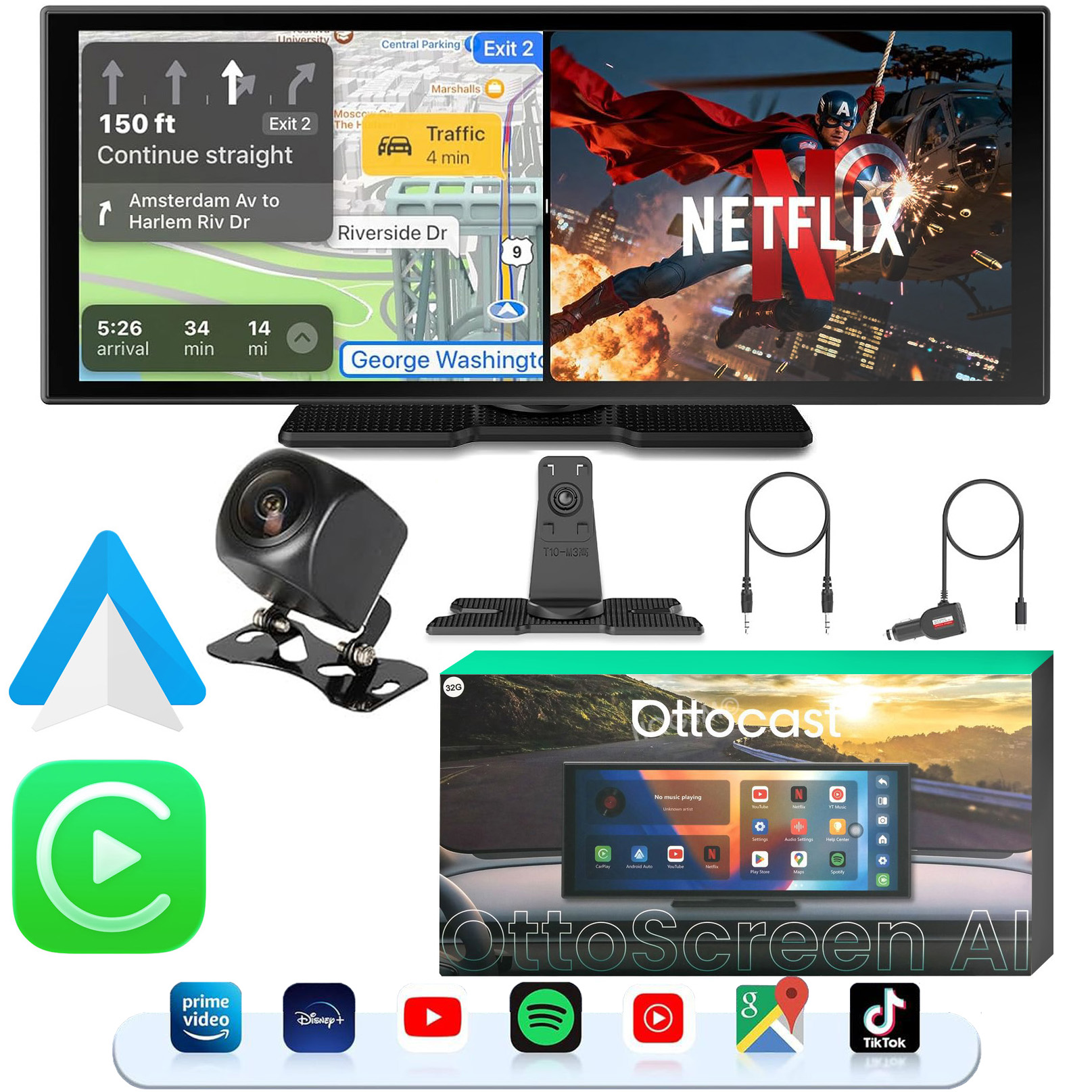 Ottocast Ottoscreen AI | Inteligentny Ekran do Samochodu z Apple CarPlay i Android Auto + Kamera Cofania