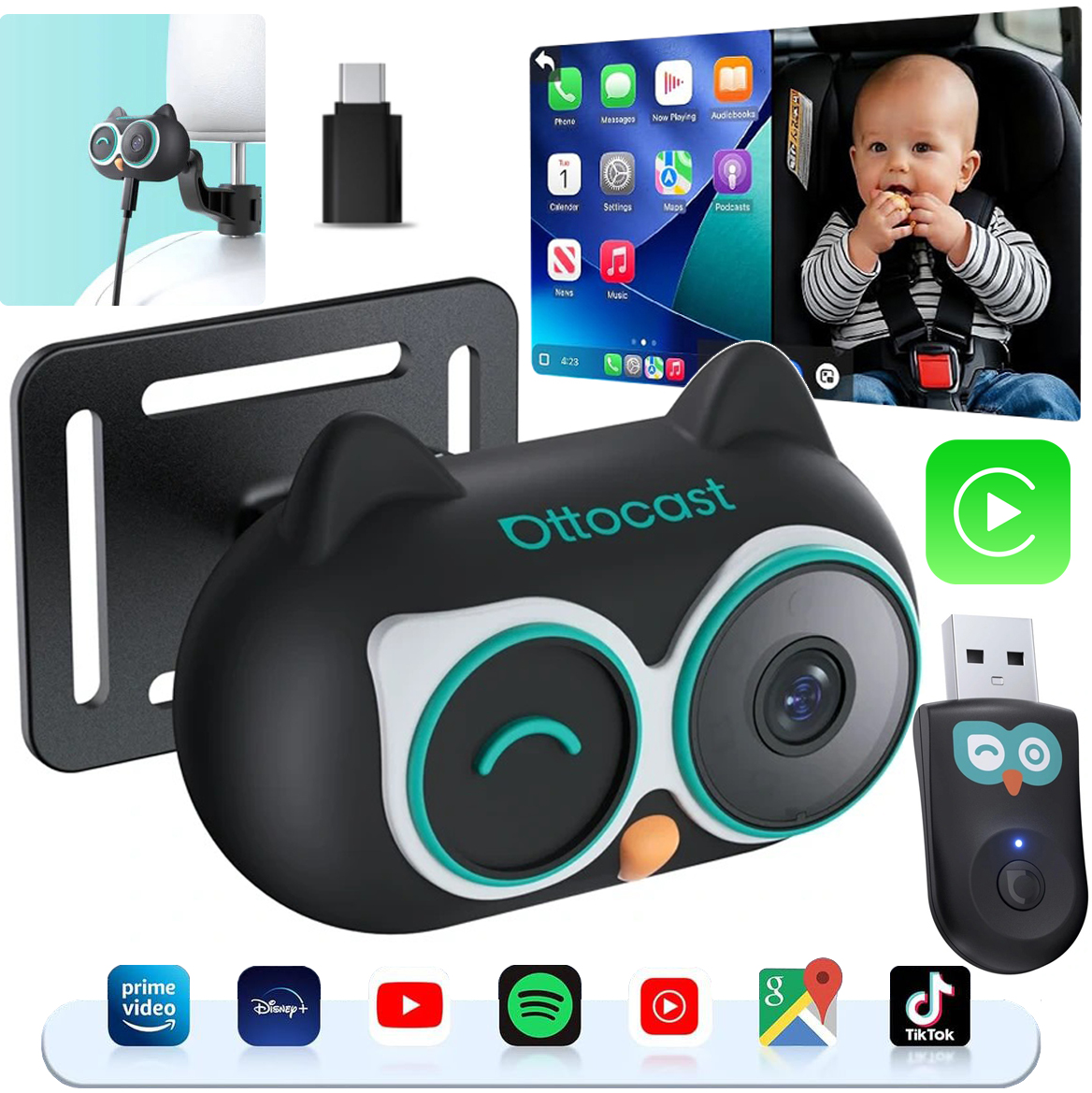 Ottocast Cabin Care | Bezprzewodowy Adapter do Samochodu z Apple CarPlay z Nianią Samochodową