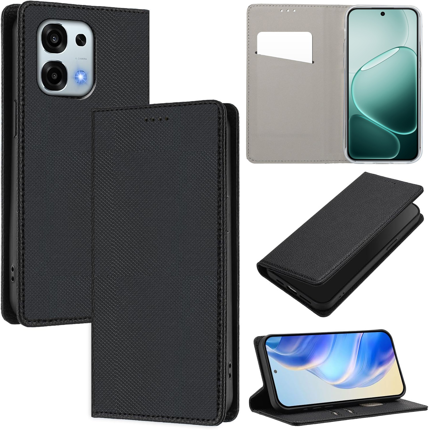 Etui z Klapką Wallet Case | Czarne do Oppo A6 Pro 5G