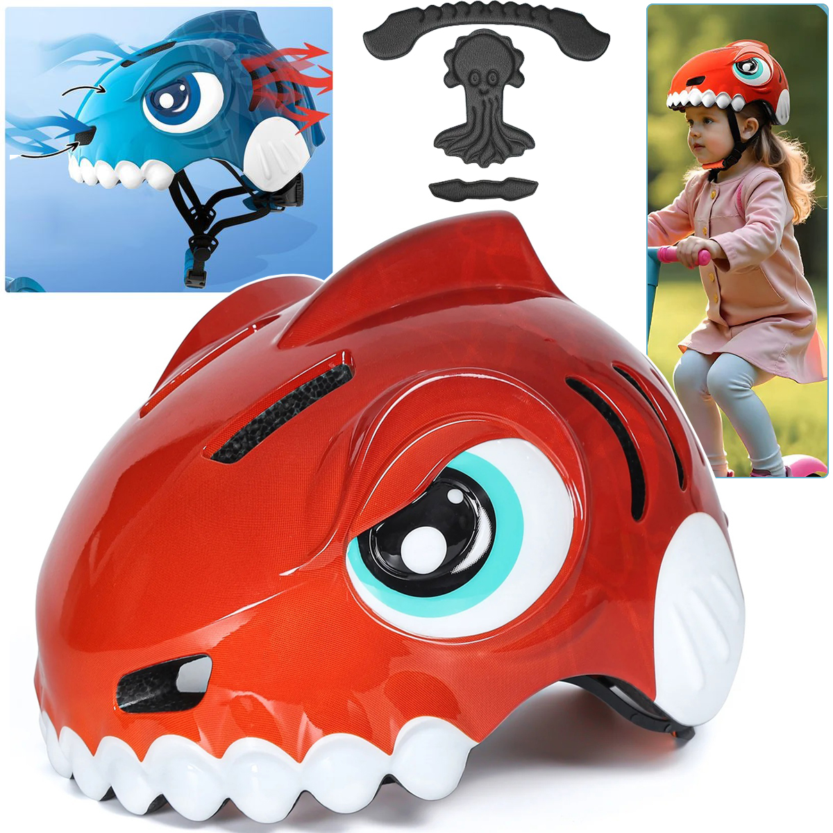 Kask Rowerowy dla Dzieci | M 52-56cm | Dinozaur Czerwony