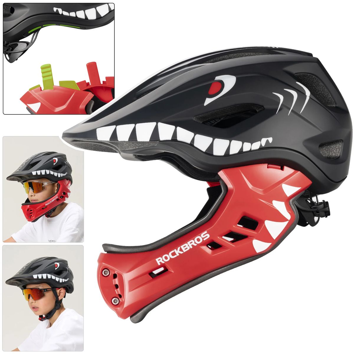 RockBros | Kask Rowerowy Full Face z Odpinaną Szczęką dla Dziecka | S 48-52cm | Black Shark