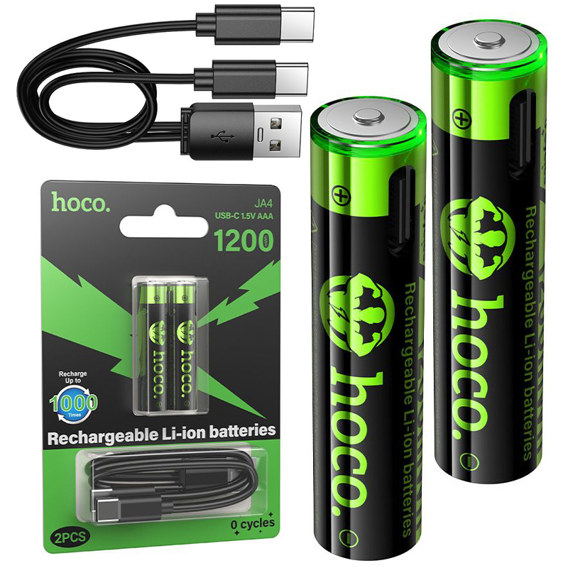 2x HOCO Baterie Akumulatorki AAA | 1200mWh Li-ION 1.5V z portem USB-C + Kabel