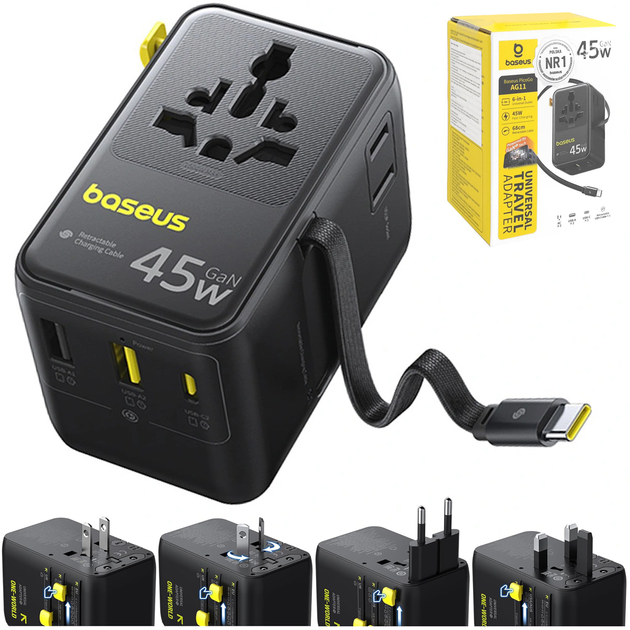 Baseus AG11 | Adapter Gniazdka Podróżny EU US UK AUS | Ładowarka 6w1 USB-C USB-A 45W