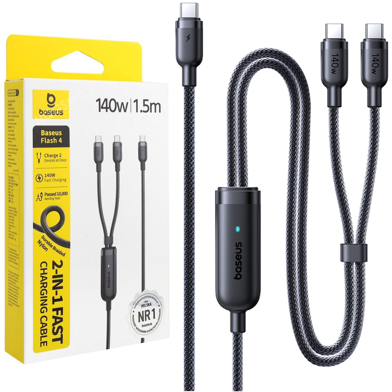 Baseus Flash 4 | Podwójny Kabel USB-C do 2x USB-C 140W | w Oplocie | 1.5m