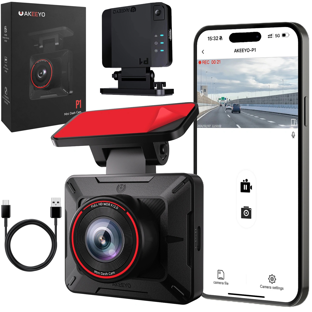 Akeeyo P1 | Wideorejestrator Kamera Samochodowa Przód Full HD | Wi-Fi