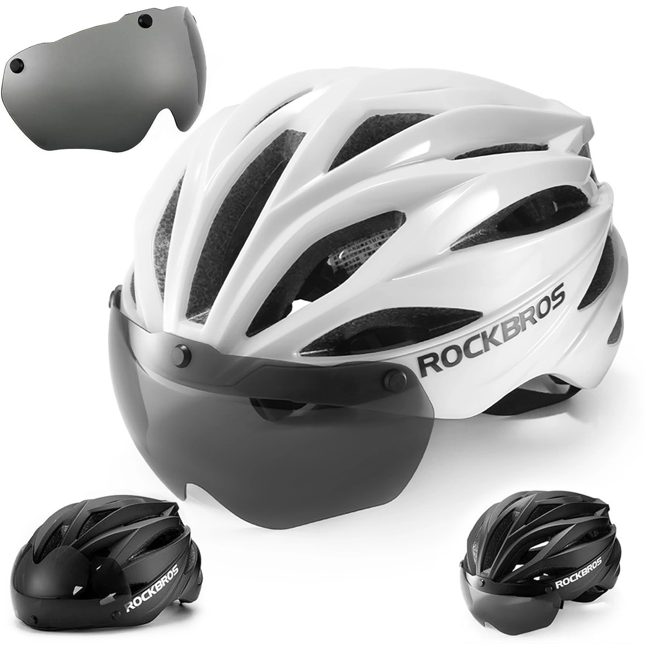 RockBros | Kask Rowerowy z Magnetycznymi Okularami UV | Unisex 58-62cm | Glossy White
