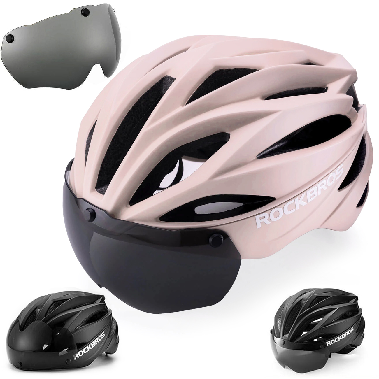 RockBros | Kask Rowerowy z Magnetycznymi Okularami UV | Unisex 58-62cm | Matte Pink