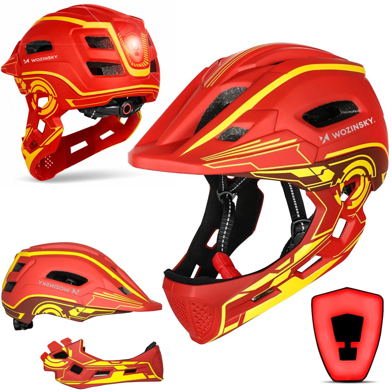 Kask Rowerowy Full Face z Odpinaną Szczęką i Tylną Lampką LED | dla Dziecka M 52-56cm | Czerwony
