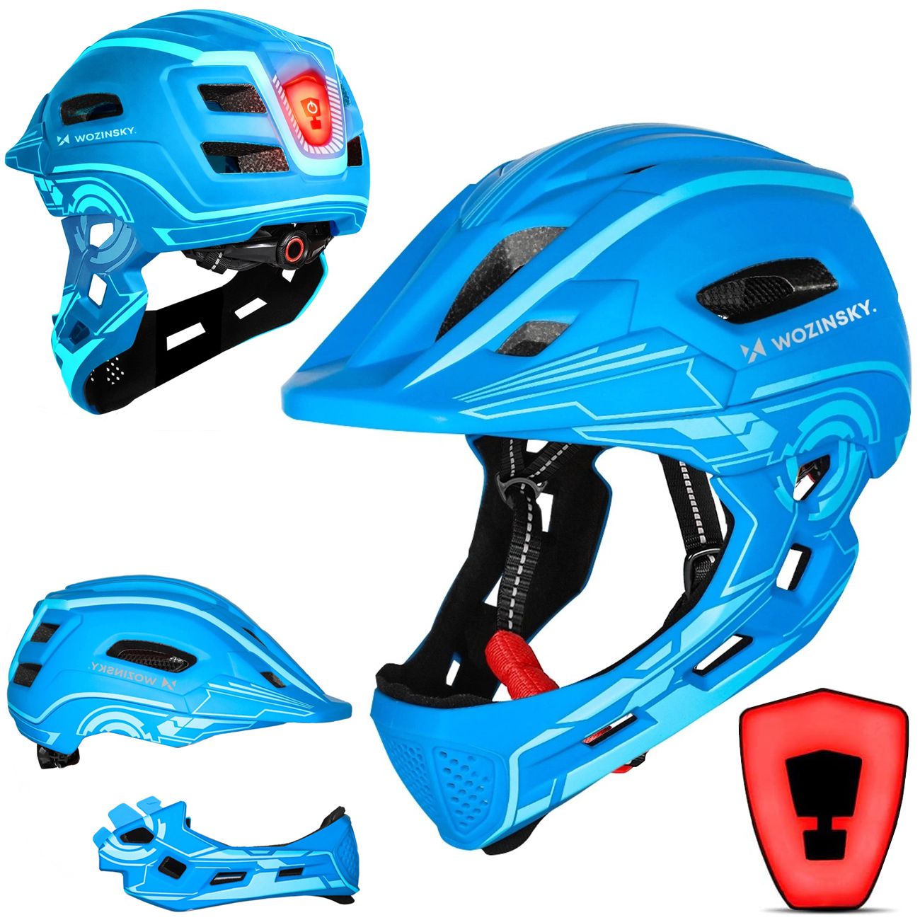 Kask Rowerowy Full Face z Odpinaną Szczęką i Tylną Lampką LED | dla Dziecka M 52-56cm | Niebieski