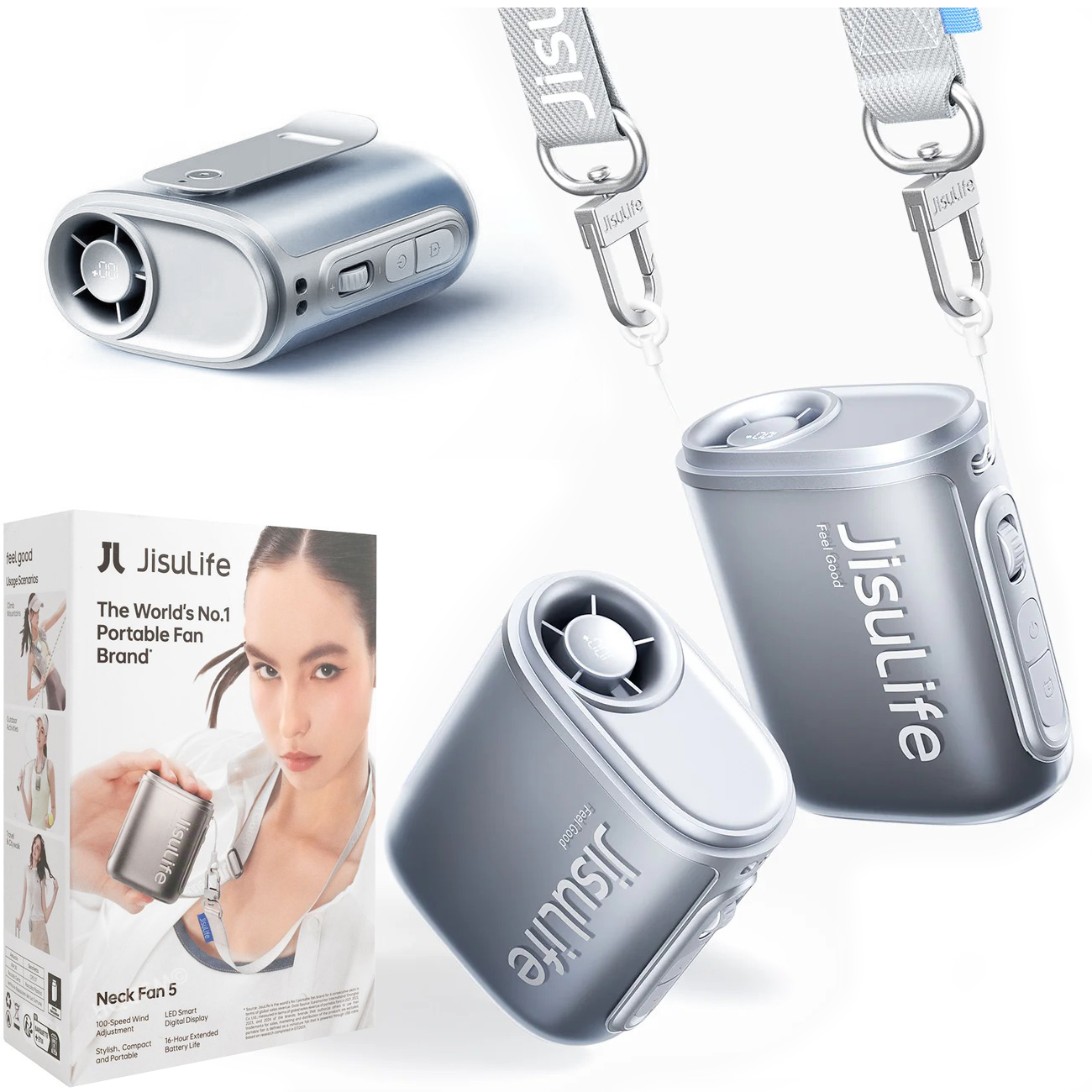 JisuLife Neck Fan 5 | Mini Przenośny Wiatrak Wentylator na Szyję Smycz + Klips | USB-C 4500mAh | Ice Grey