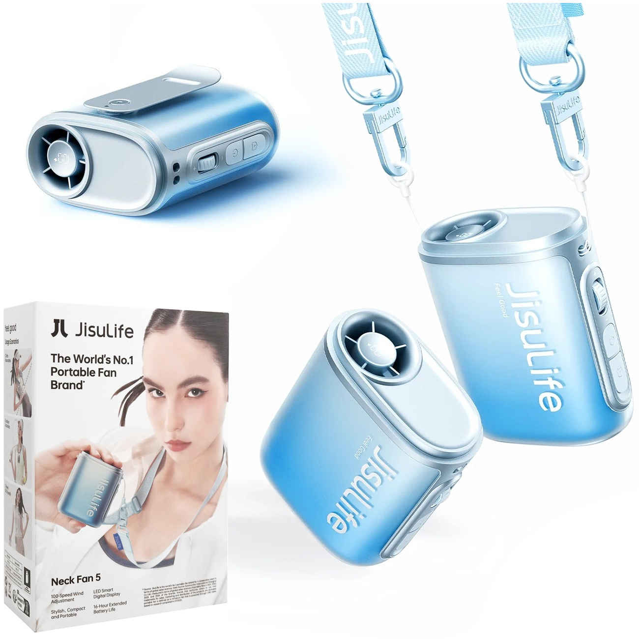 JisuLife Neck Fan 5 | Mini Przenośny Wiatrak Wentylator na Szyję Smycz + Klips | USB-C 4500mAh | Ice Blue