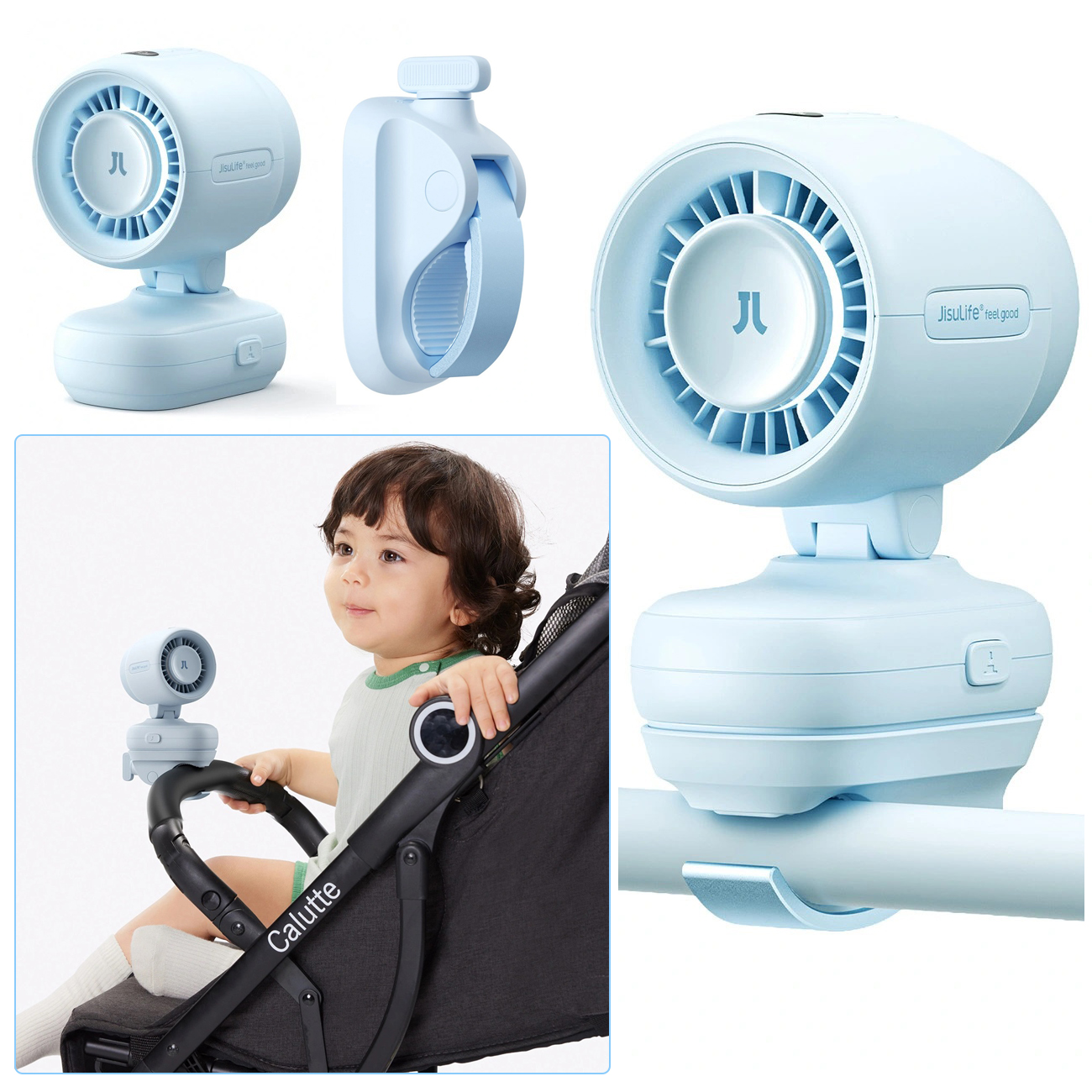 JisuLife Stroller Fan 4 | Przenośny Wiatrak Wentylator do Wózka z Wyłącznikiem | USB-C 5000mAh | Ice Blue