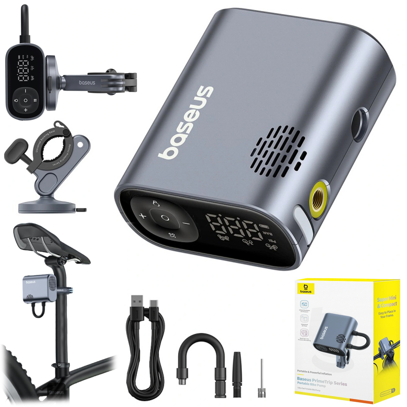 Baseus PrimeTrip | Elektryczna Pompka Rowerowa | Wyświetlacz LED 150 PSI + Uchwyt na Rower