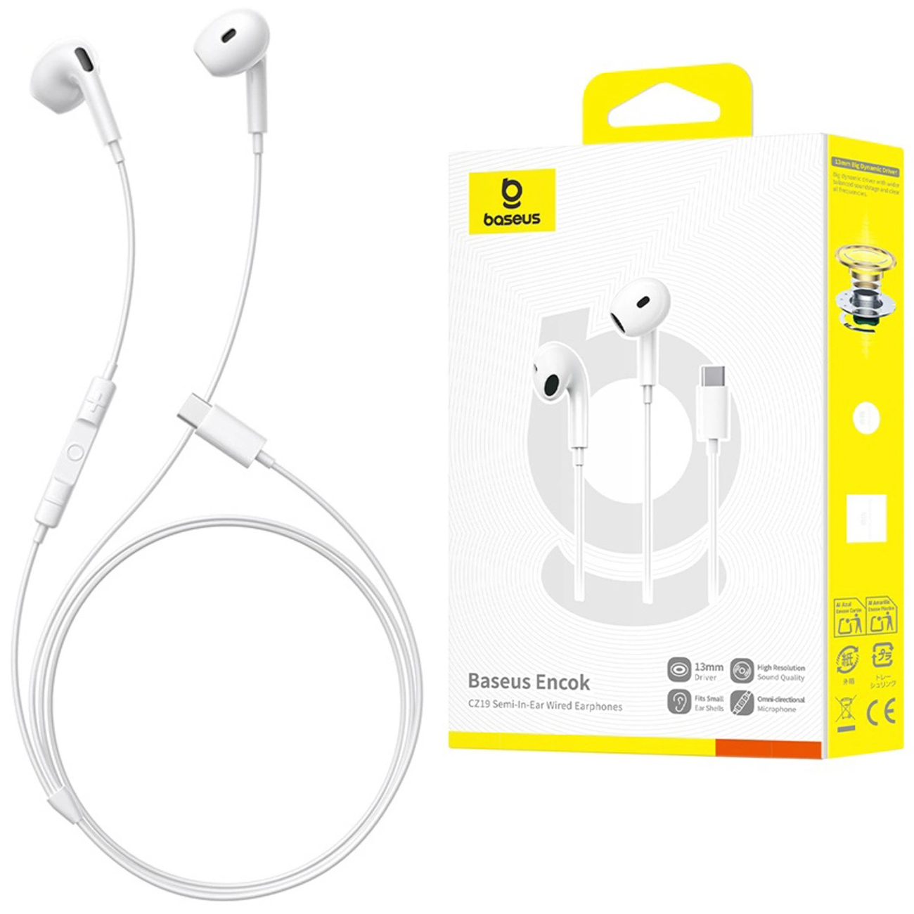 Baseus Encok | Dokanałowe Słuchawki Przewodowe | Pilot i Mikrofon | DAC USB-C | Białe
