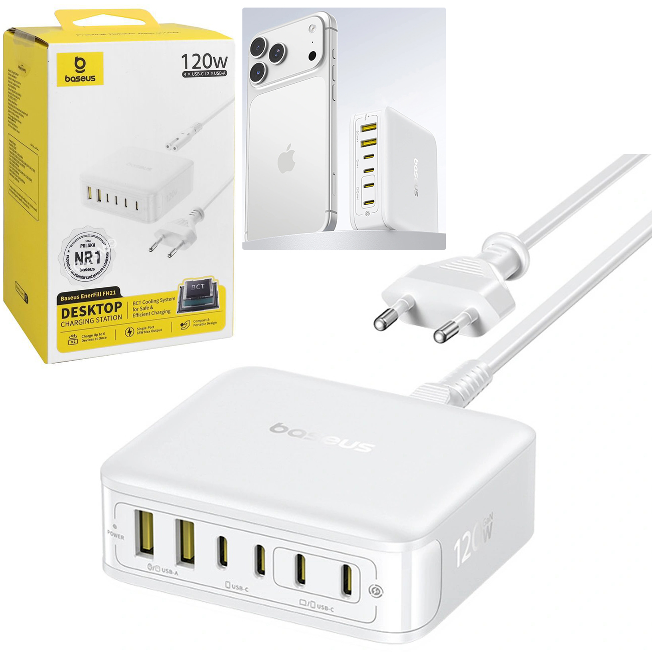 Baseus FH21 | Ładowarka Sieciowa Wieloportowa Stacja Biurkowa 4x USB-C 2x USB | 120W | Biała