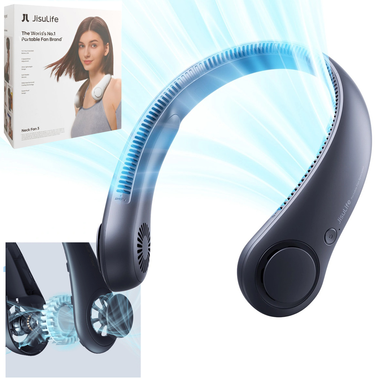 JisuLife Neck Fan 3 | Wiatrak Wentylator na Szyję | Bezprzewodowy USB-C 4000mAh | Ice Grey