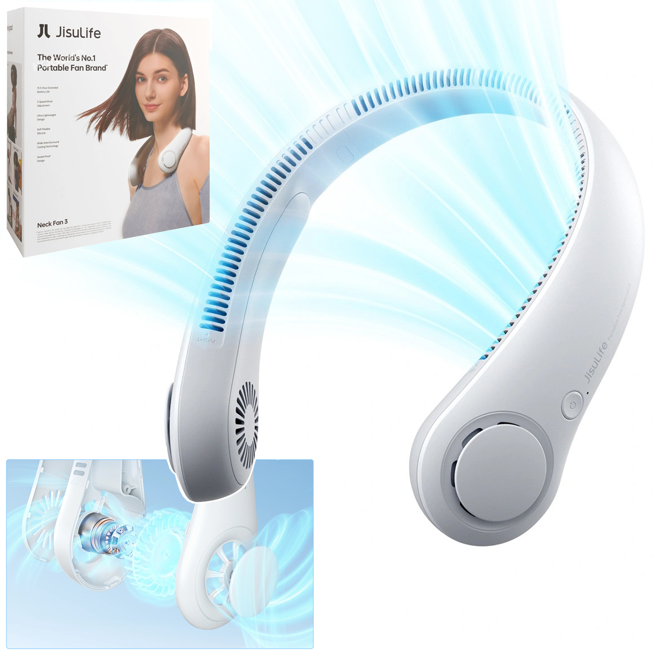 JisuLife Neck Fan 3 | Wiatrak Wentylator na Szyję | Bezprzewodowy USB-C 4000mAh | Ice Grey