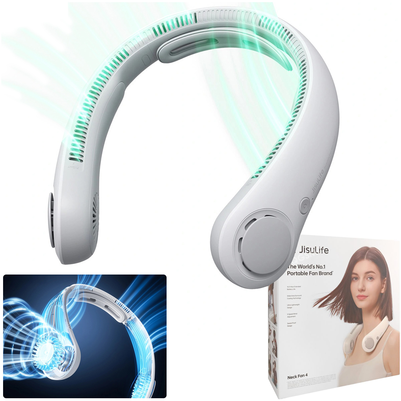 JisuLife Neck Fan 4 | Wiatrak Wentylator na Szyję | Bezprzewodowy USB-C 5000mAh | Ice Grey