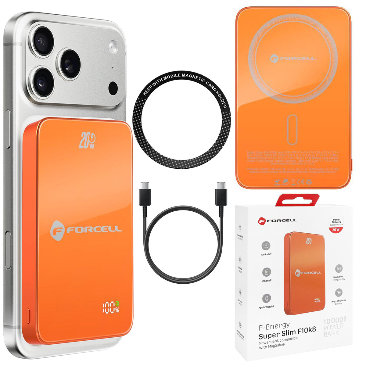 Forcell SuperSlim F10K8 | Magnetyczny Powerbank 20W z MagSafe 15W QC4.0 PD3.0 | 10000mAh | Orange