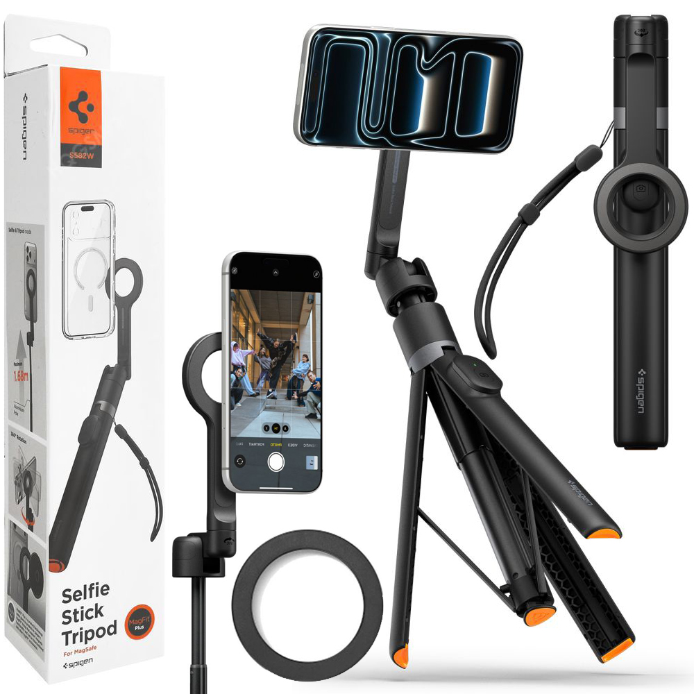 Spigen S582W | Aluminiowy Selfie Stick Bluetooth z MagSafe | Auto Tripod + Pilot | 1.68m | Black