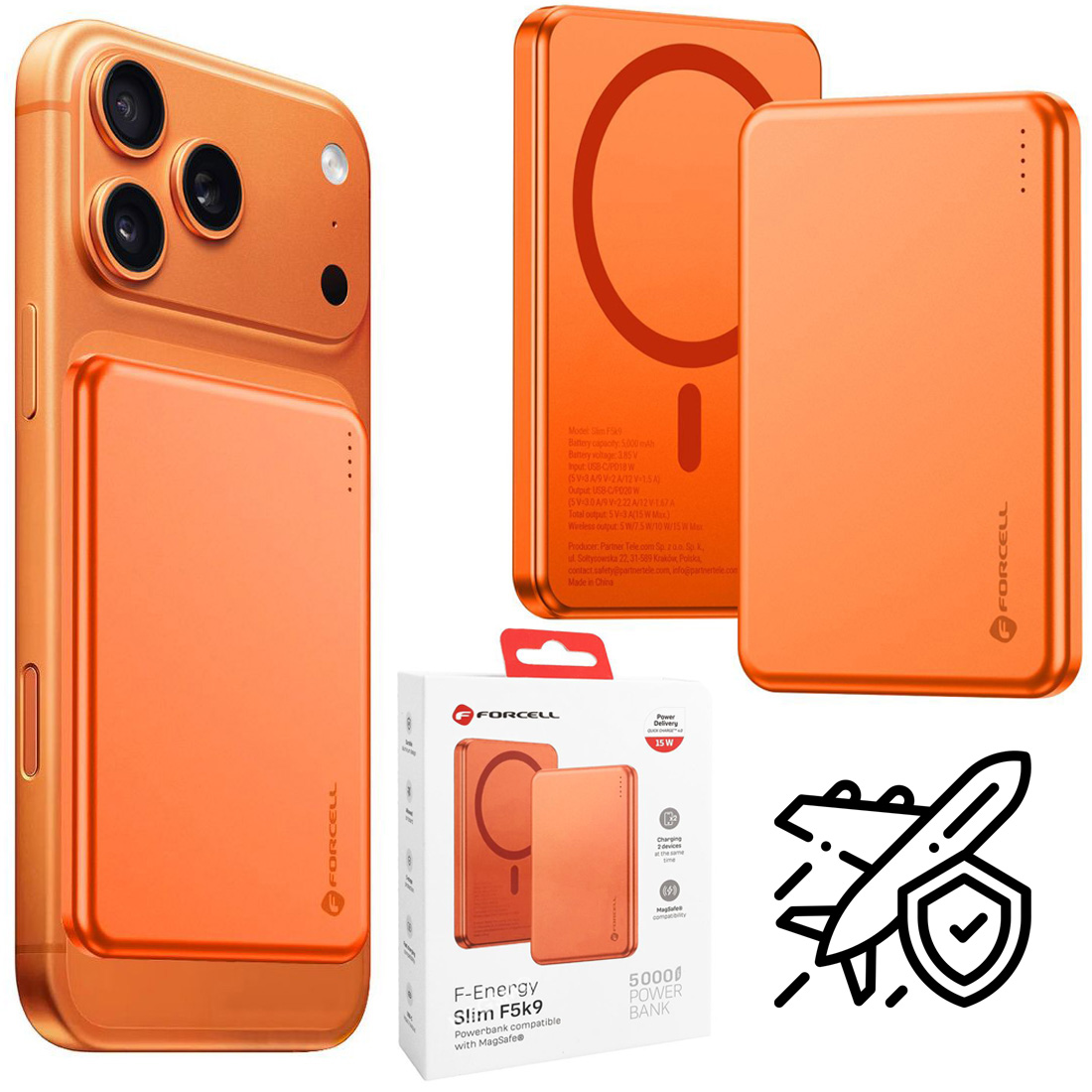 Forcell Ultra Slim | Magnetyczny Powerbank 20W z MagSafe 15W QC4.0 PD3.0 | 5000mAh | Orange