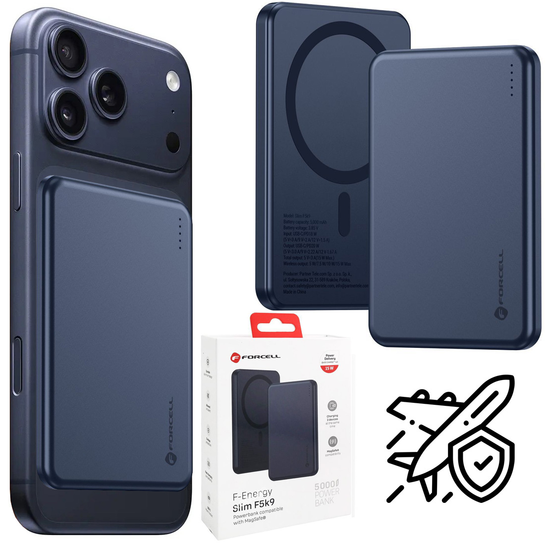 Forcell Ultra Slim | Magnetyczny Powerbank 20W z MagSafe 15W QC4.0 PD3.0 | 5000mAh | Blue