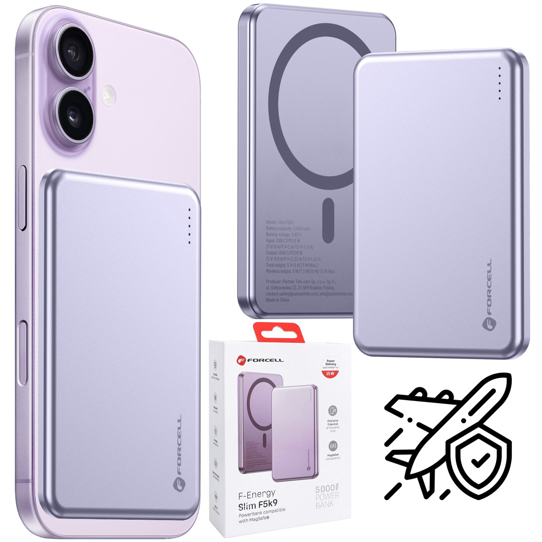 Forcell Ultra Slim | Magnetyczny Powerbank 20W z MagSafe 15W QC4.0 PD3.0 | 5000mAh | Purple