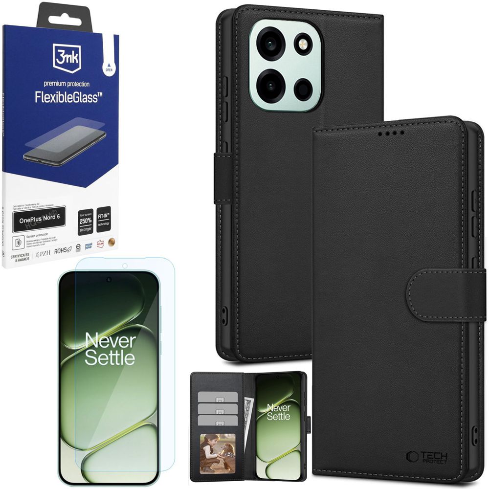 Etui z Klapką Wallet Case | Czarne + SZKŁO 3mk do OnePlus Nord 6