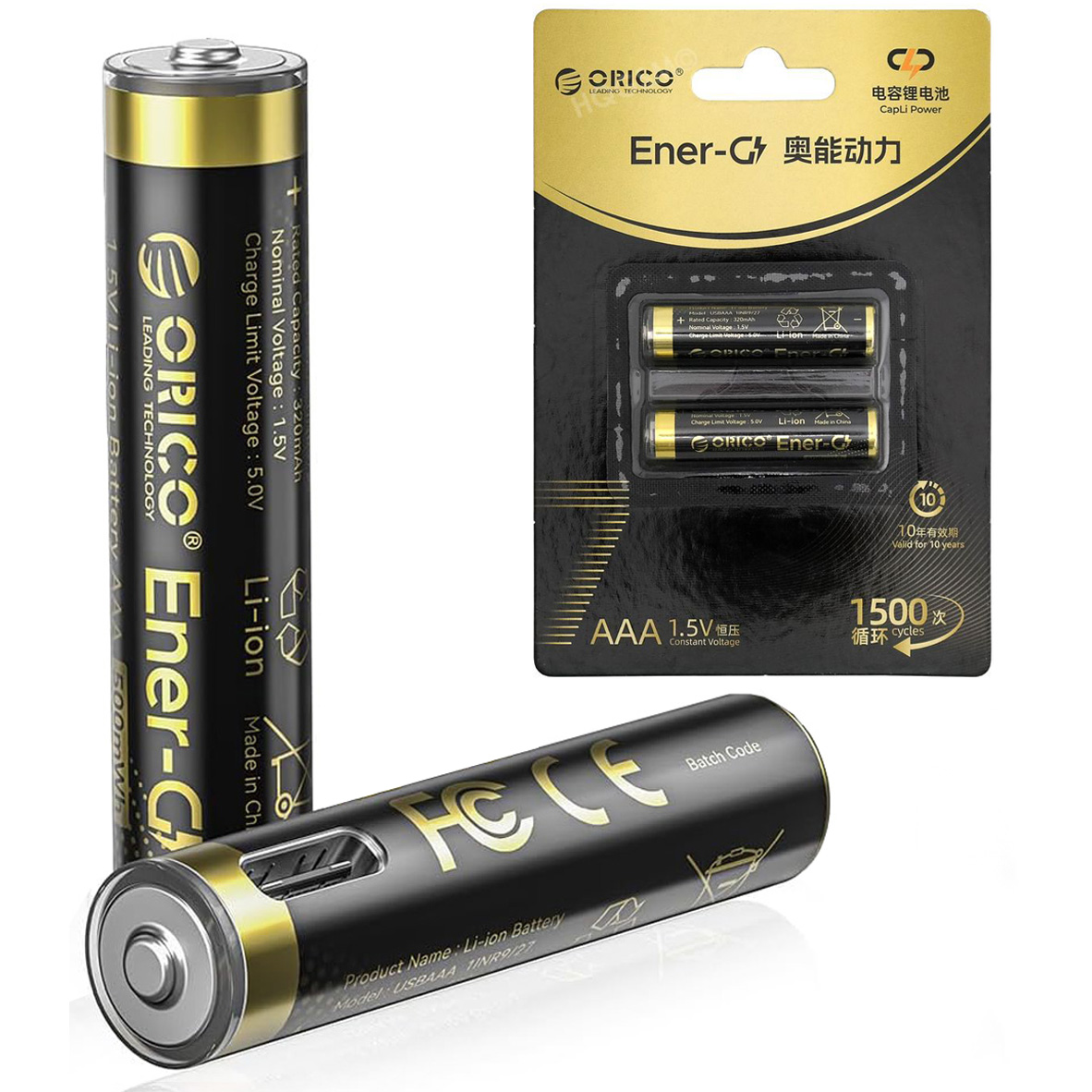 2x Orico Baterie Akumulatorki AAA | 500mWh Li-ION 1.5V z portem USB-C