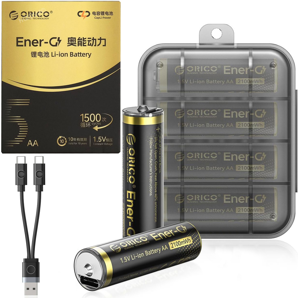 2x Orico Baterie Akumulatorki AA | 2100mWh Li-ION 1.5V z portem USB-C + Etui i Kabel do Ładowania