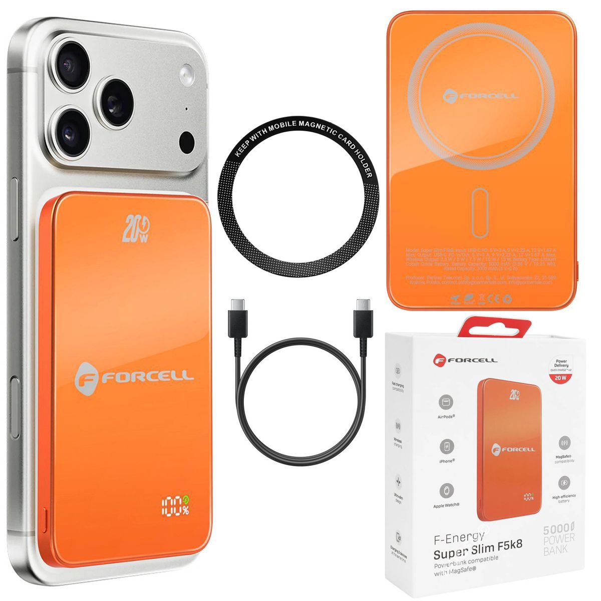 Forcell SuperSlim F5K8 | Magnetyczny Powerbank 20W z MagSafe 15W QC4.0 PD3.0 | 5000mAh | Orange