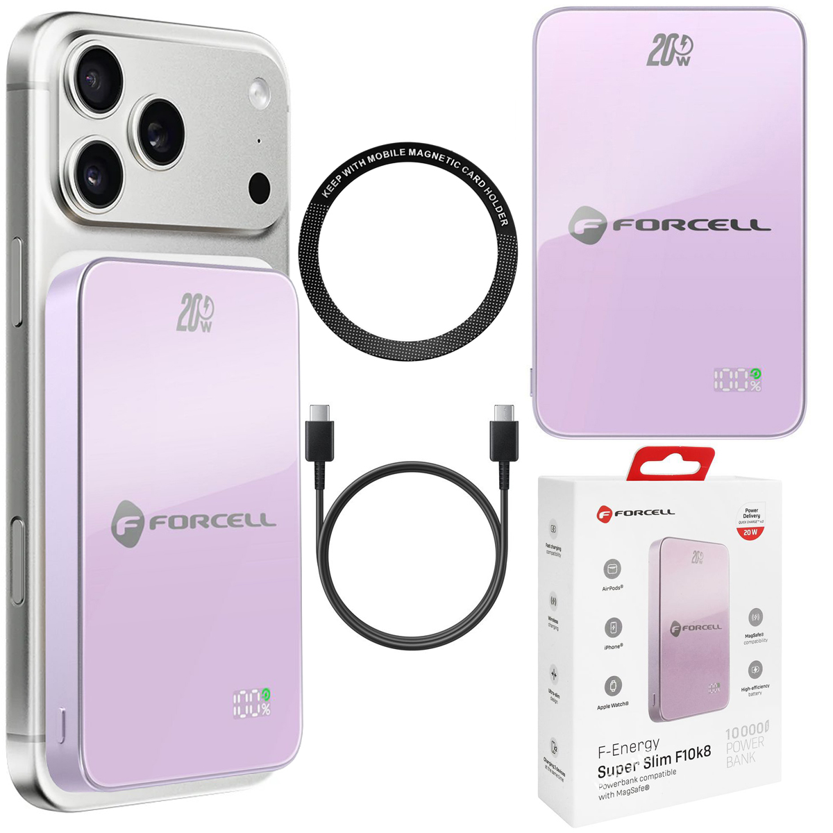 Forcell SuperSlim F10K8 | Magnetyczny Powerbank 20W z MagSafe 15W QC4.0 PD3.0 | 10000mAh | Violet