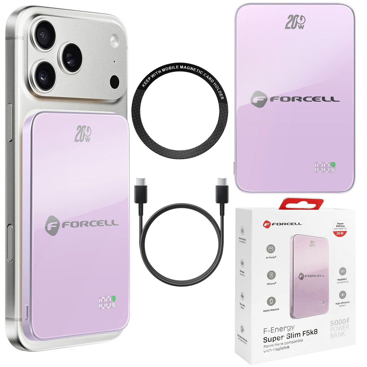 Forcell SuperSlim F5K8 | Magnetyczny Powerbank 20W z MagSafe 15W QC4.0 PD3.0 | 5000mAh | Violet